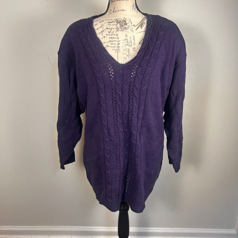 Venezia Vitale Womens Plus Size 14/16 Purple Cable Knit V-Neck Sweater Ramie